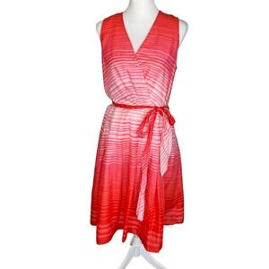 Evan Picone Womens 16 Hibiscus Pink Red Striped Cotton Sleeveless Wrap Dress NWT